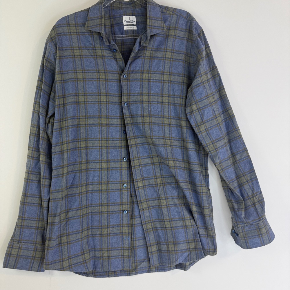 Emanuel Berg Button Down Shirt Mens Large Blue Plaid Modern Fit Made in Italy
